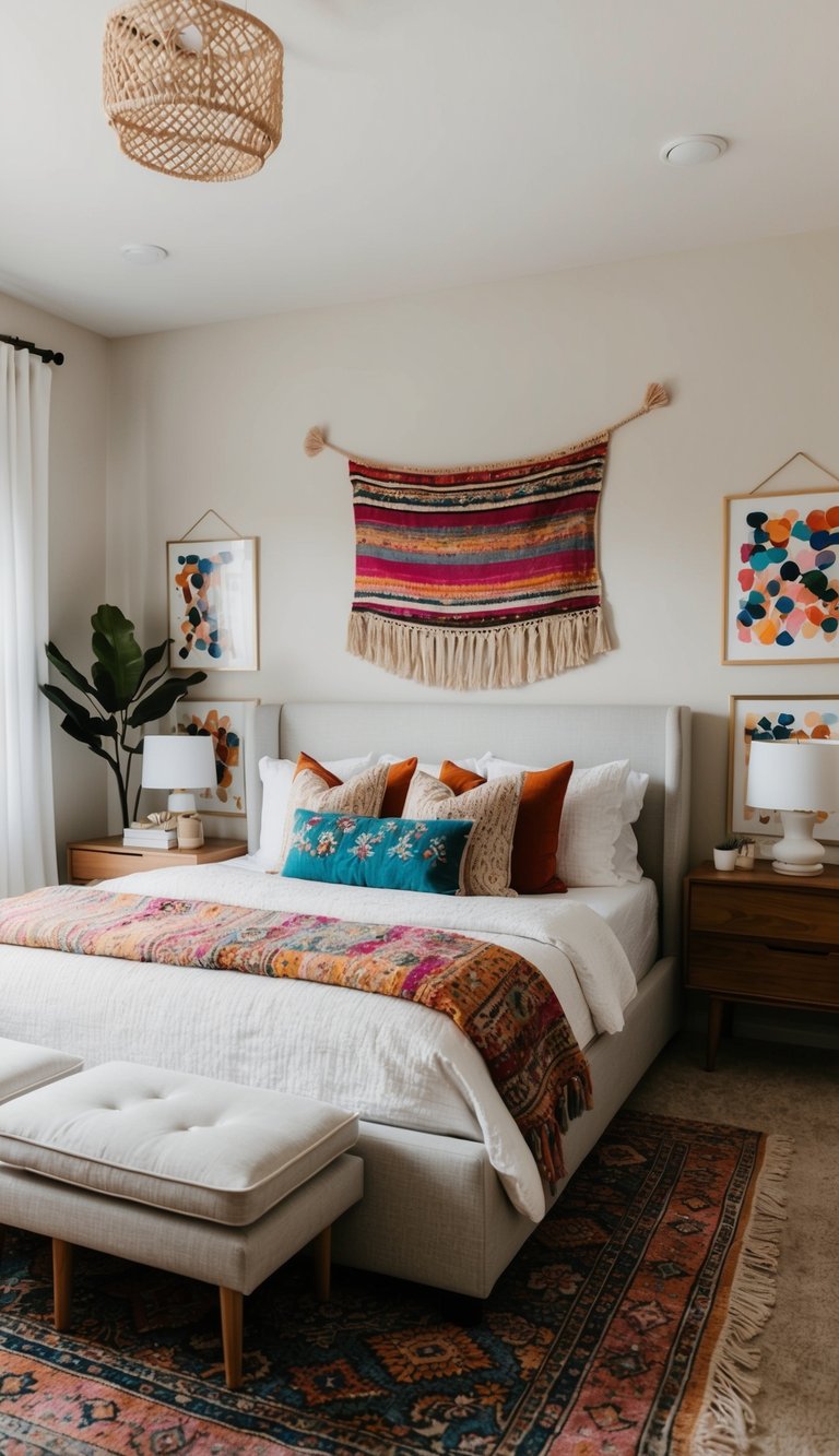 A cozy boho bedroom with neutral walls and furniture, accented by pops of vibrant colors in the form of throw pillows, rugs, and wall art