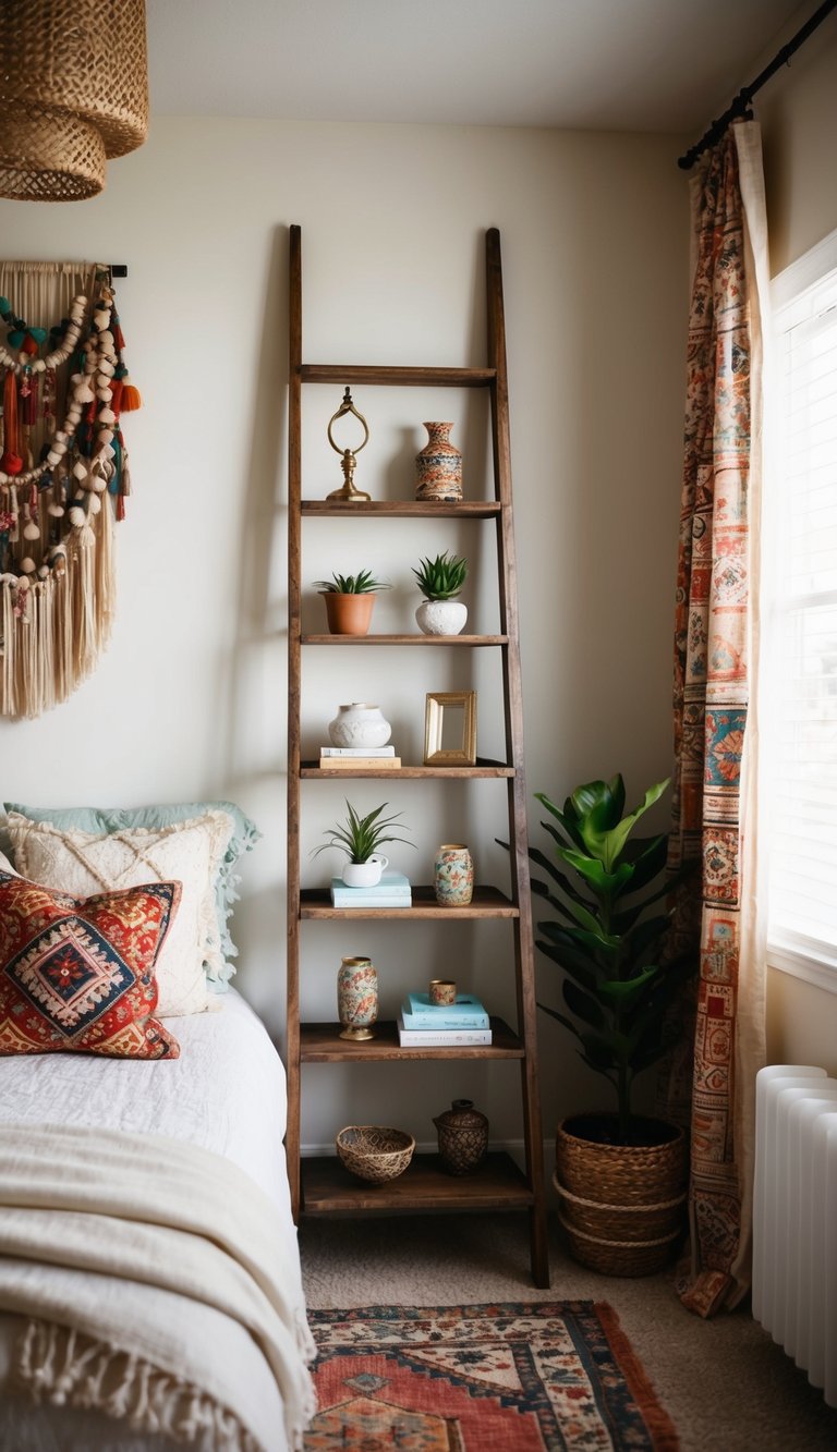 An antique ladder shelf adorned with eclectic decor in a boho bedroom