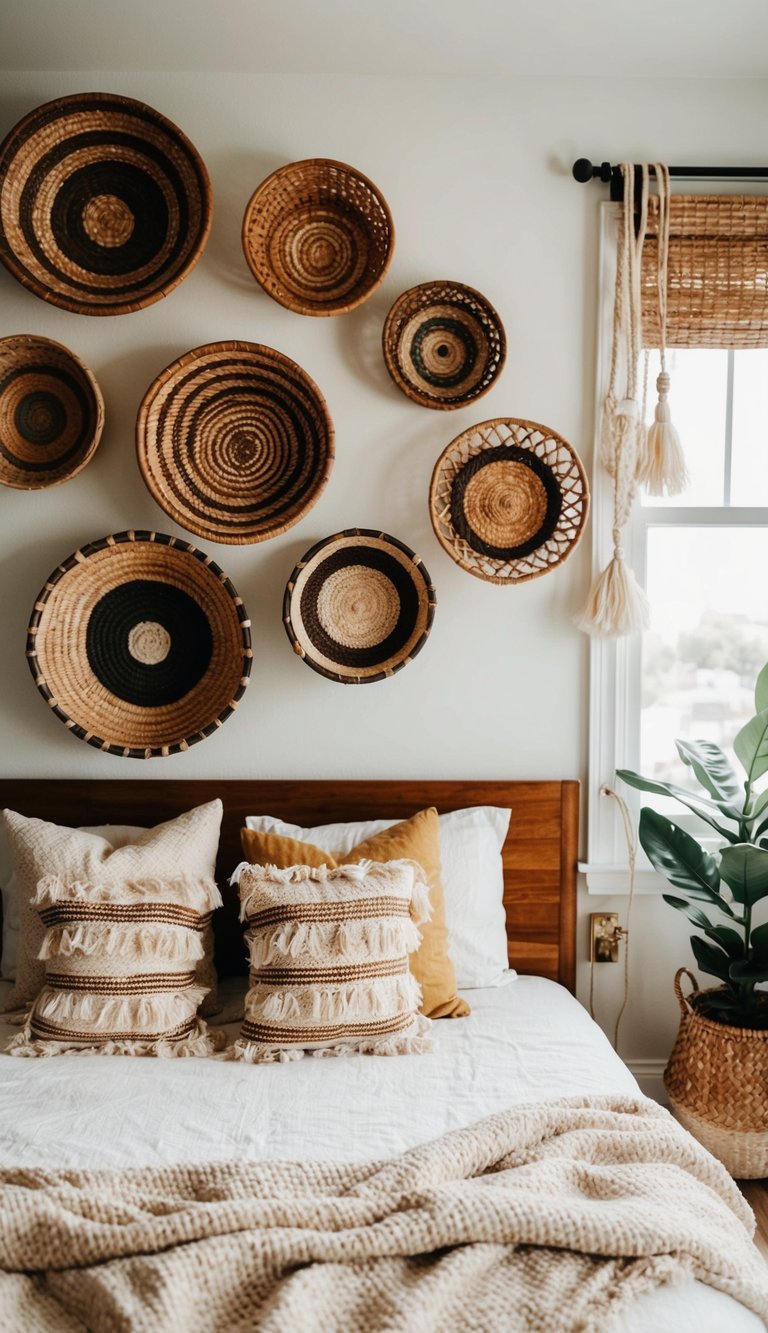 A cozy bedroom with woven baskets hanging on the wall, adding texture and bohemian charm to the eclectic decor