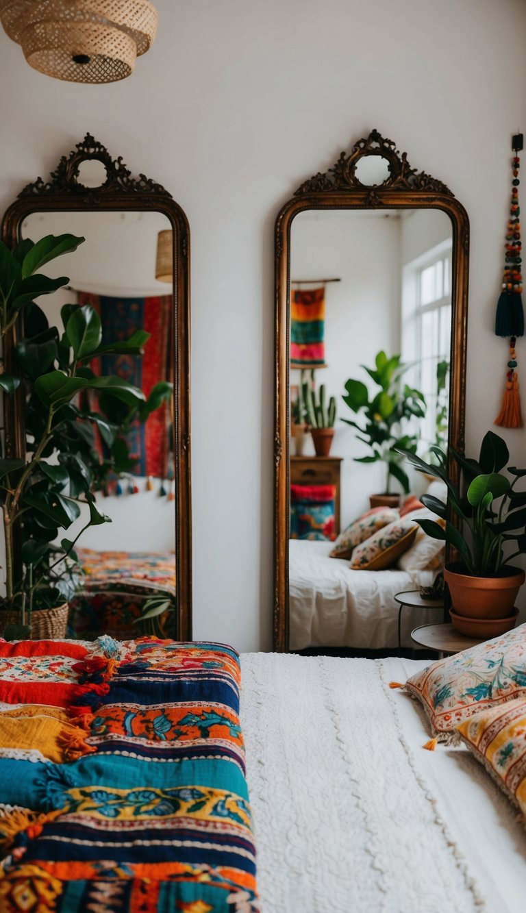 An eclectic boho bedroom with antique mirrors reflecting colorful textiles, plants, and vintage decor