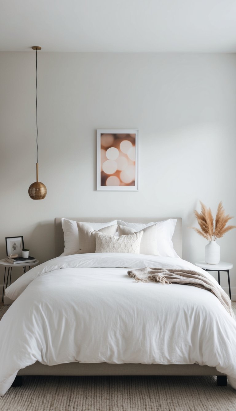 A simple, uncluttered bedroom with white bedding and neutral decor