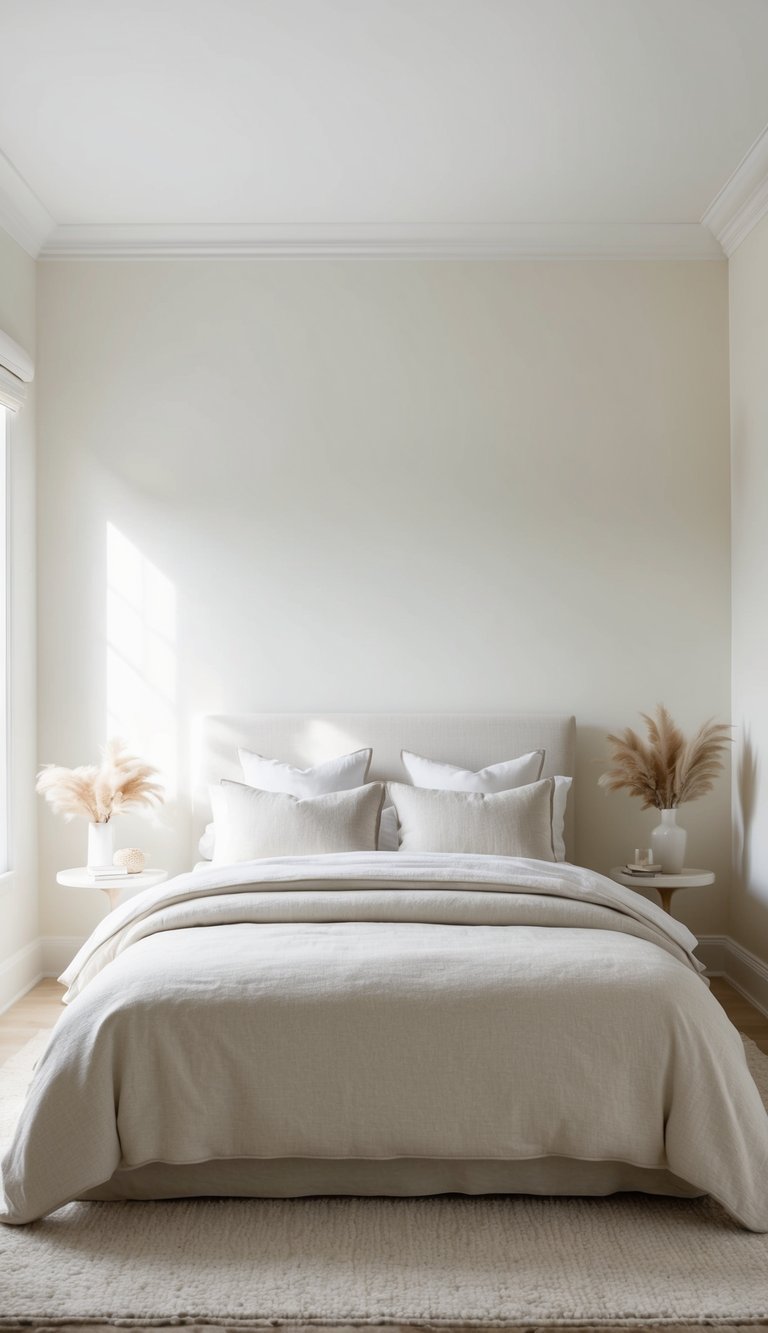 A neutral bedroom with creamy white walls, soft bedding, and minimal decor exuding a serene and tranquil vibe