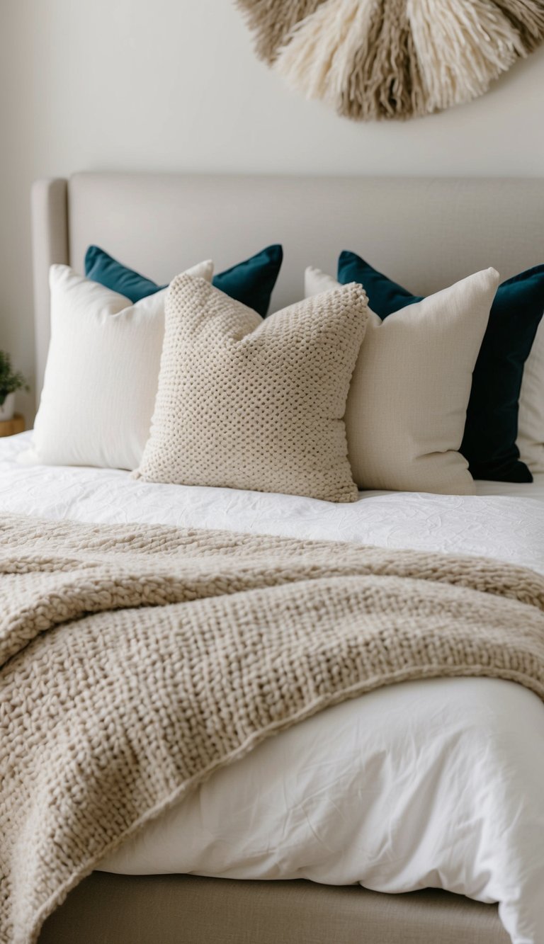 A cozy, neutral bedroom with layered textures: a fluffy rug, knitted throw blankets, and soft, oversized pillows on a comfortable bed