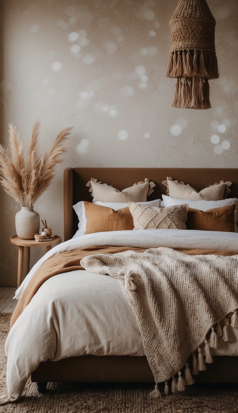 A cozy bedroom with earthy tones and bohemian decor, featuring neutral colors and natural textures