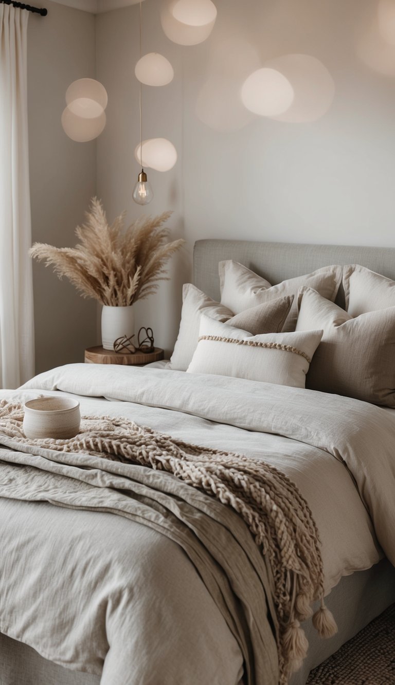 A cozy bedroom with neutral tones, featuring organic linens and natural textures