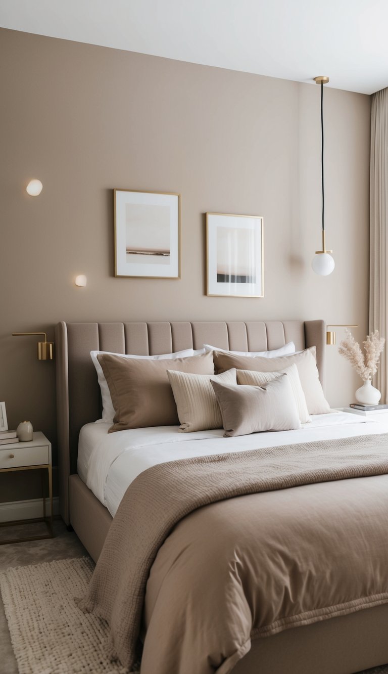 A serene bedroom with taupe and beige decor, featuring neutral tones and minimalist design for a calming atmosphere