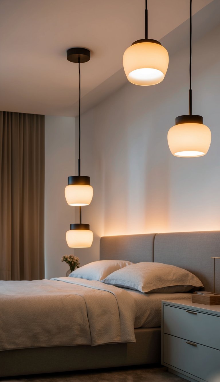 Soft, warm light emanates from floating fixtures in a serene, modern bedroom