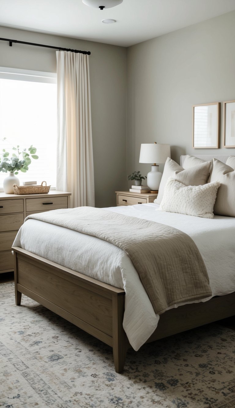 A cozy bedroom with neutral tones, featuring a mix of wood furniture and soft, muted hues