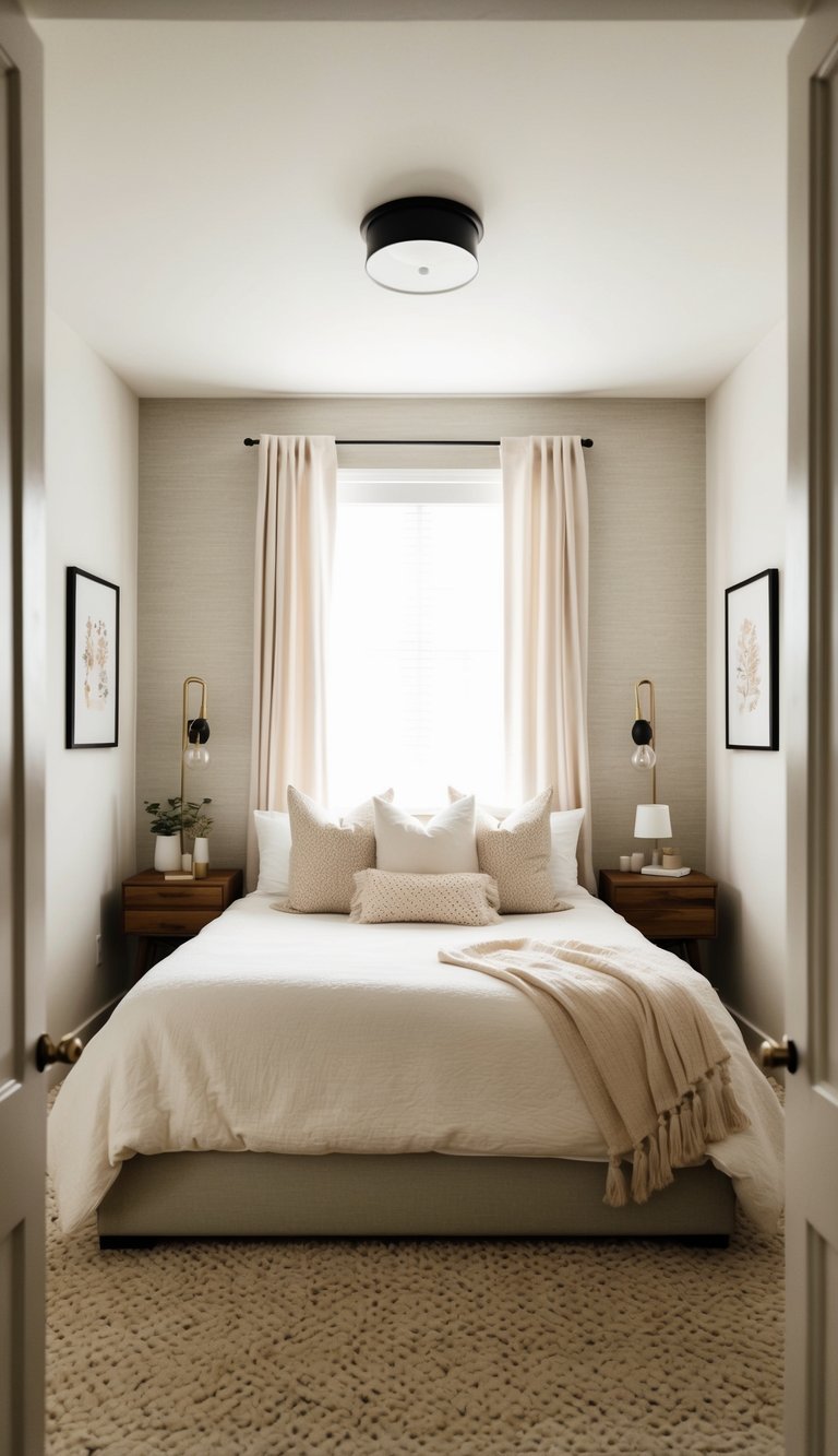 A cozy bedroom with neutral wallpaper, soft lighting, and minimalist decor