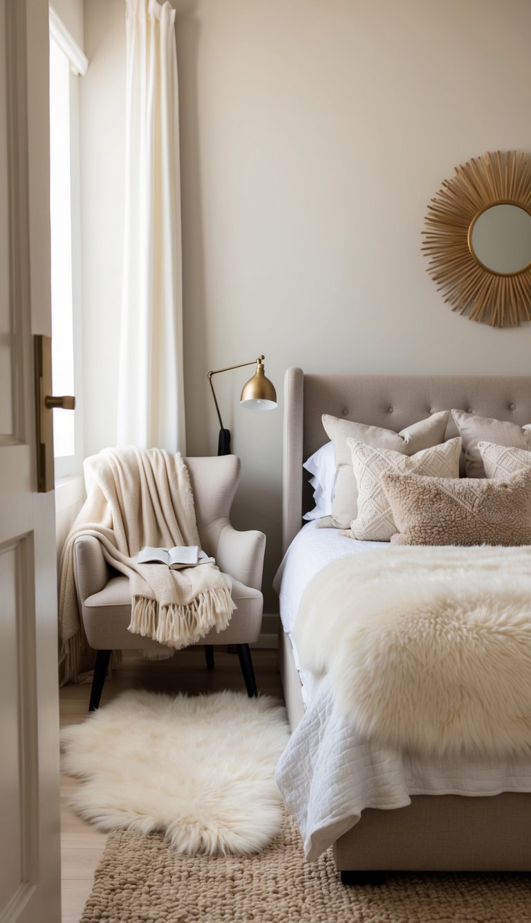 A cozy neutral bedroom with sheepskin accents: a fluffy rug by the bed, soft throw pillows, and a warm blanket draped over a chair