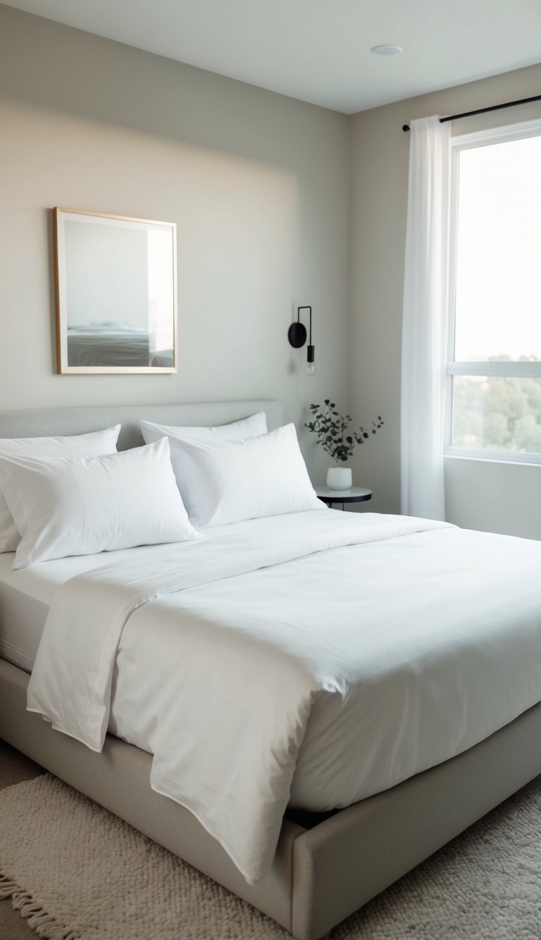 Fresh white cotton sheets on a neatly made bed in a neutral-toned bedroom, with minimalistic decor and natural light streaming in through the window