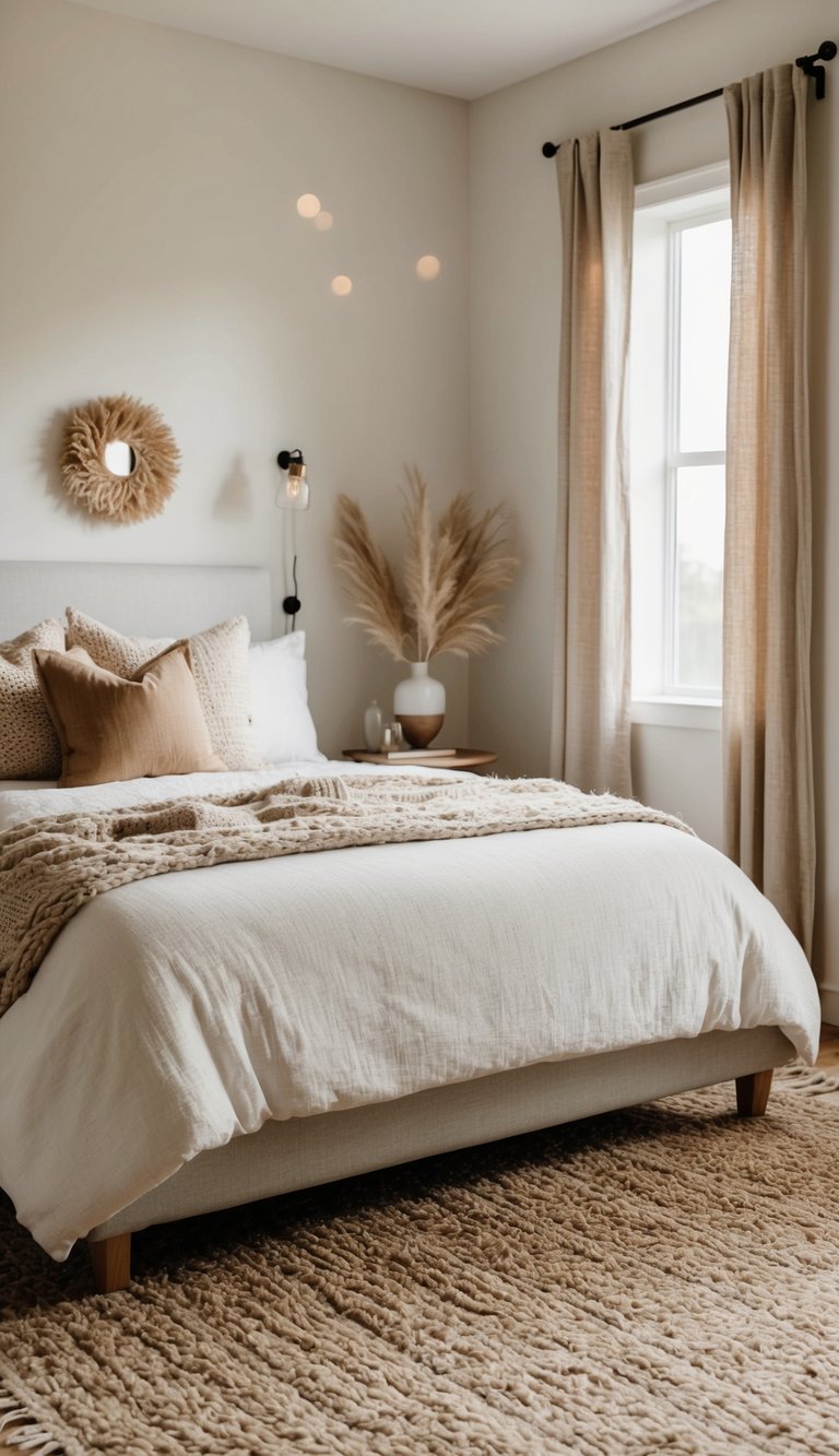 A cozy bedroom with a jute rug, neutral colors, and organic textures