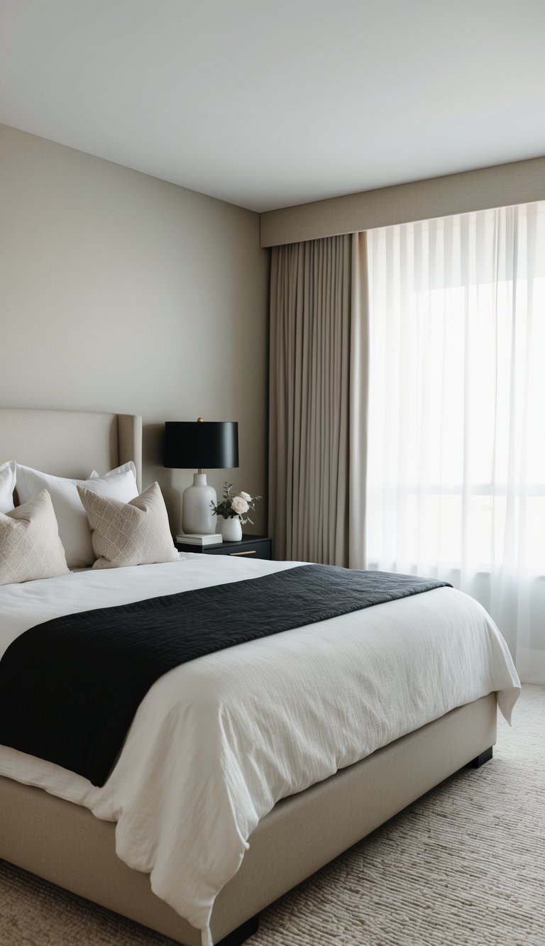 A serene bedroom with neutral tones, highlighted by subtle black accents for depth and sophistication