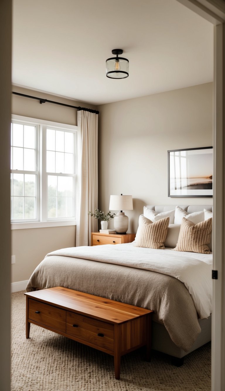 A cozy bedroom with neutral tones, featuring warm wood furniture for contrast