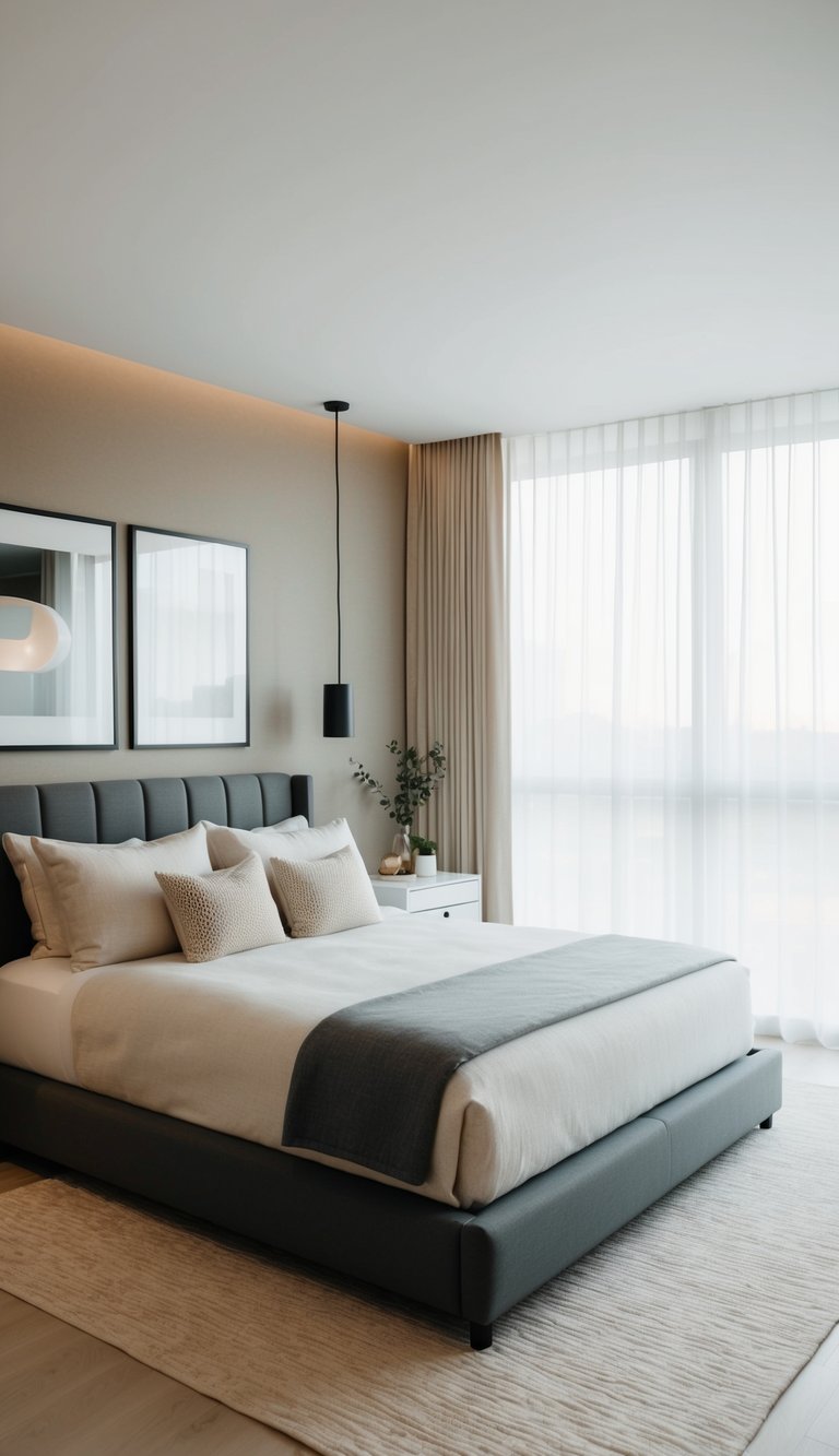 A modern bedroom with neutral tones, clean lines, and minimalistic decor