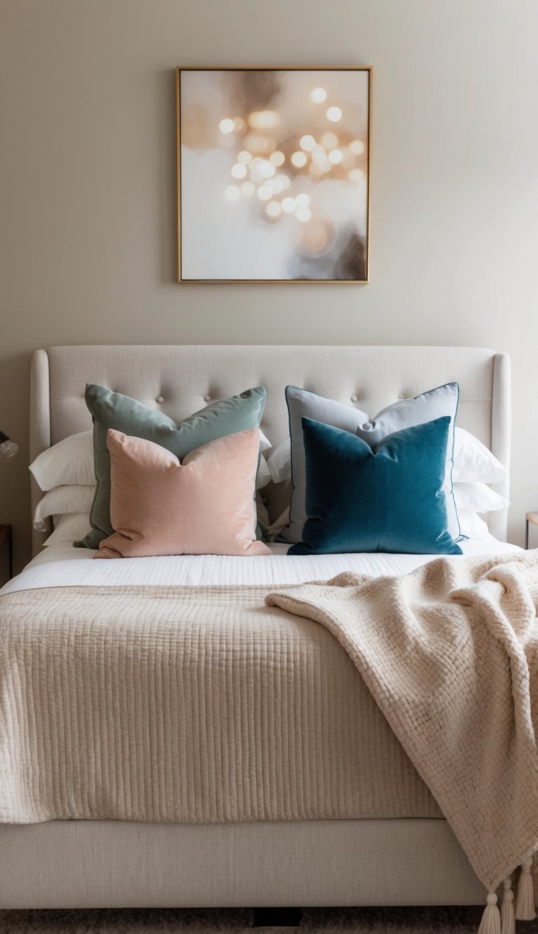 A cozy bedroom with neutral tones, featuring muted pastels for a soft touch