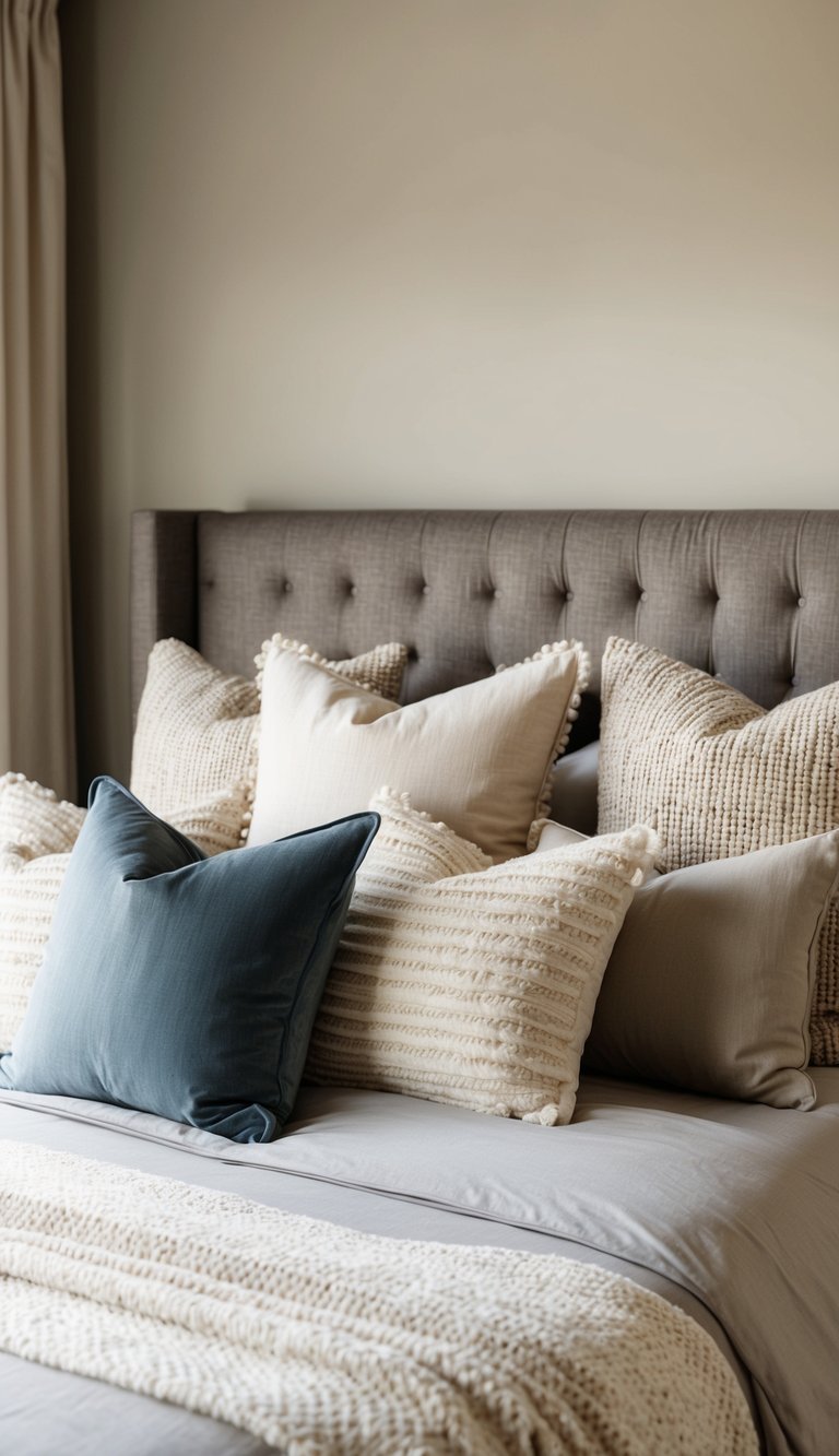 A cozy bed with layered throw pillows in a neutral-toned bedroom