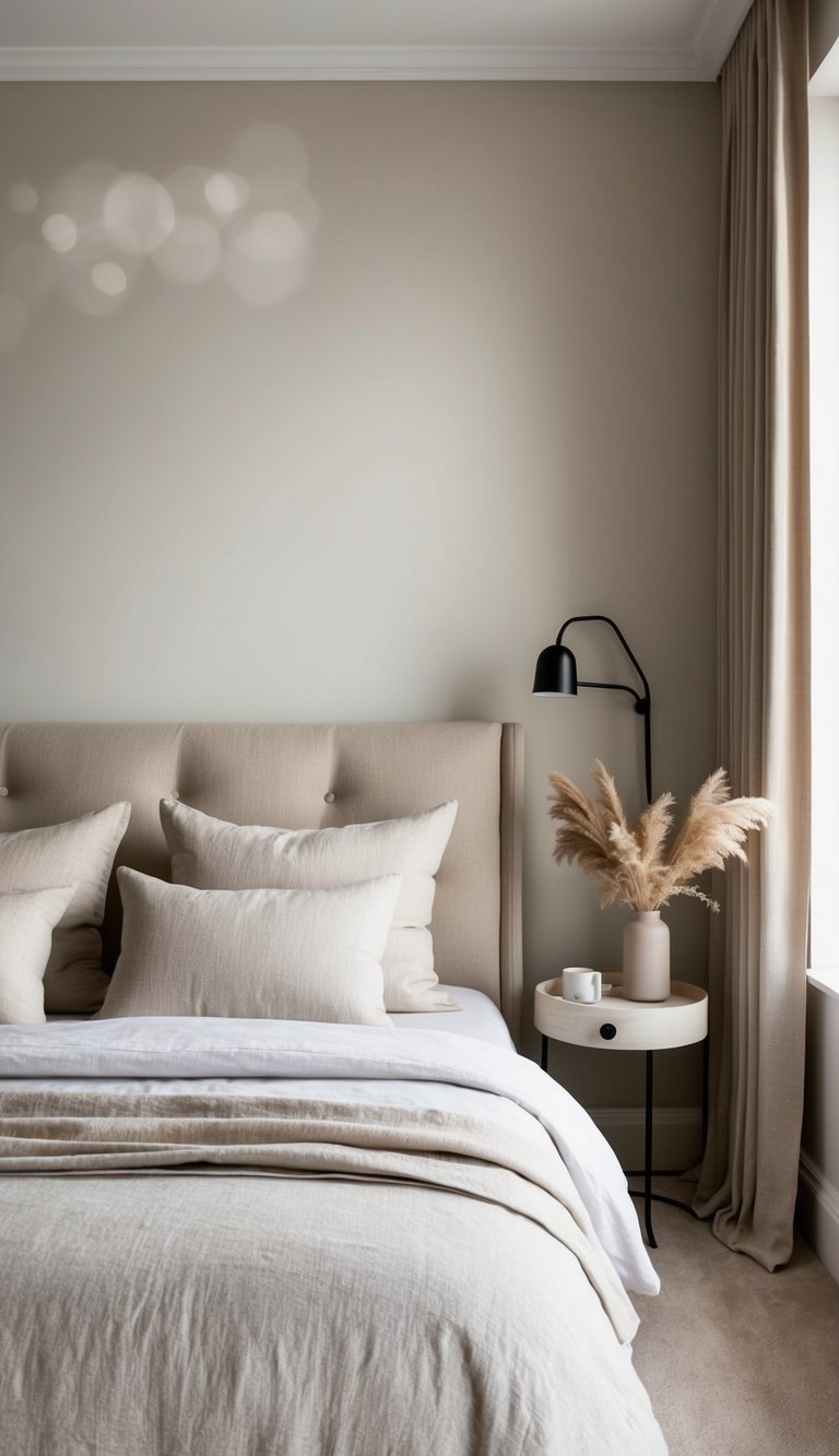 A cozy bedroom with neutral tones, featuring natural linen upholstery on the bed and soft, muted decor