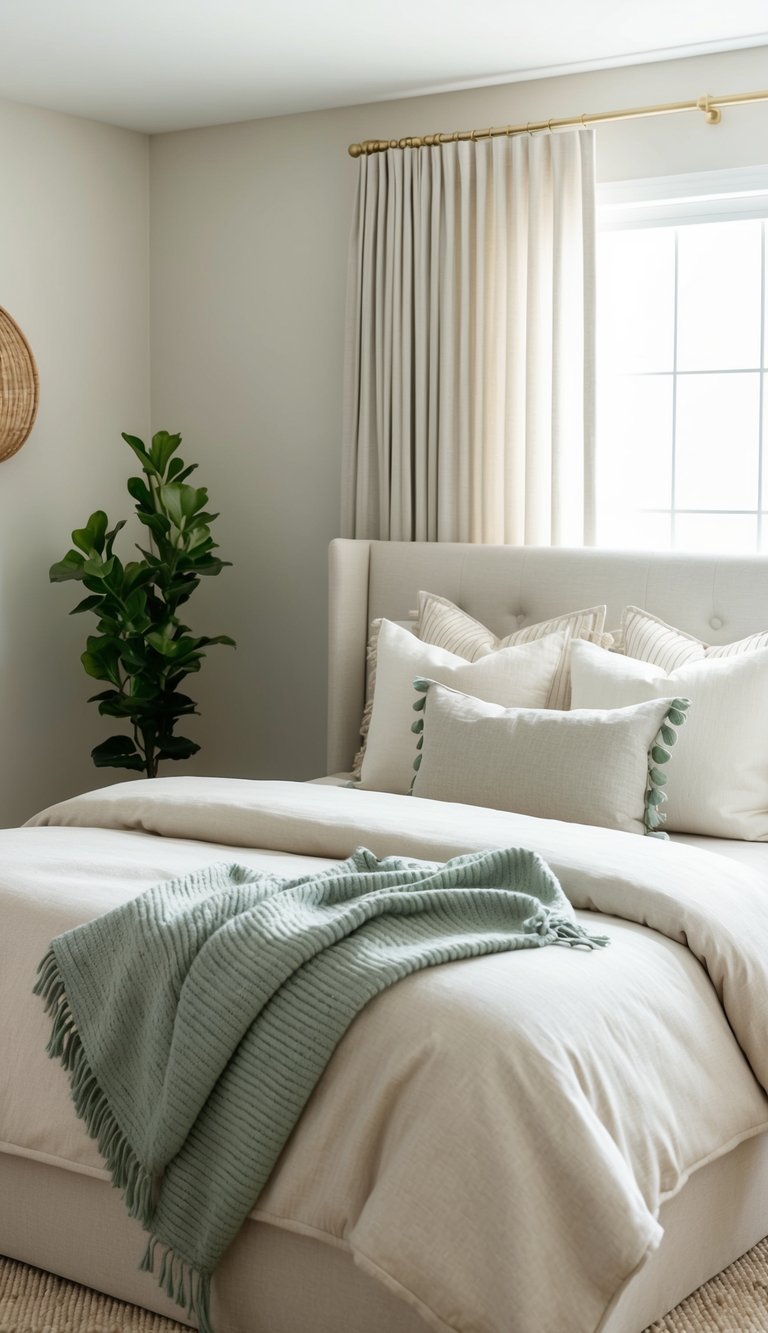 A serene bedroom with neutral tones and touches of greenery for a fresh, natural feel