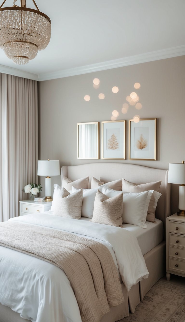 A serene bedroom with soft, neutral tones and elegant decor