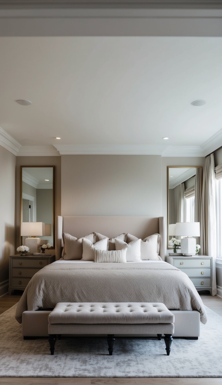 A king-sized bed with plush, neutral-toned bedding sits in a spacious, elegantly decorated bedroom