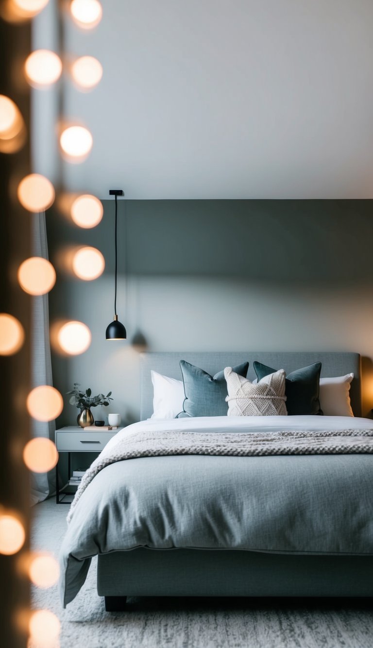 A cozy gray bedroom with a plush bed, soft lighting, and minimalist decor