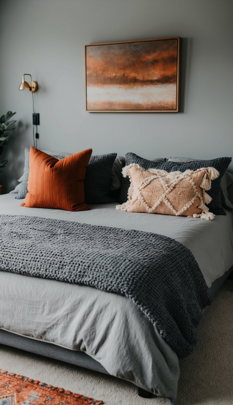 A cozy gray bedroom with pops of rusty red accents in the form of throw pillows, a rug, and wall art