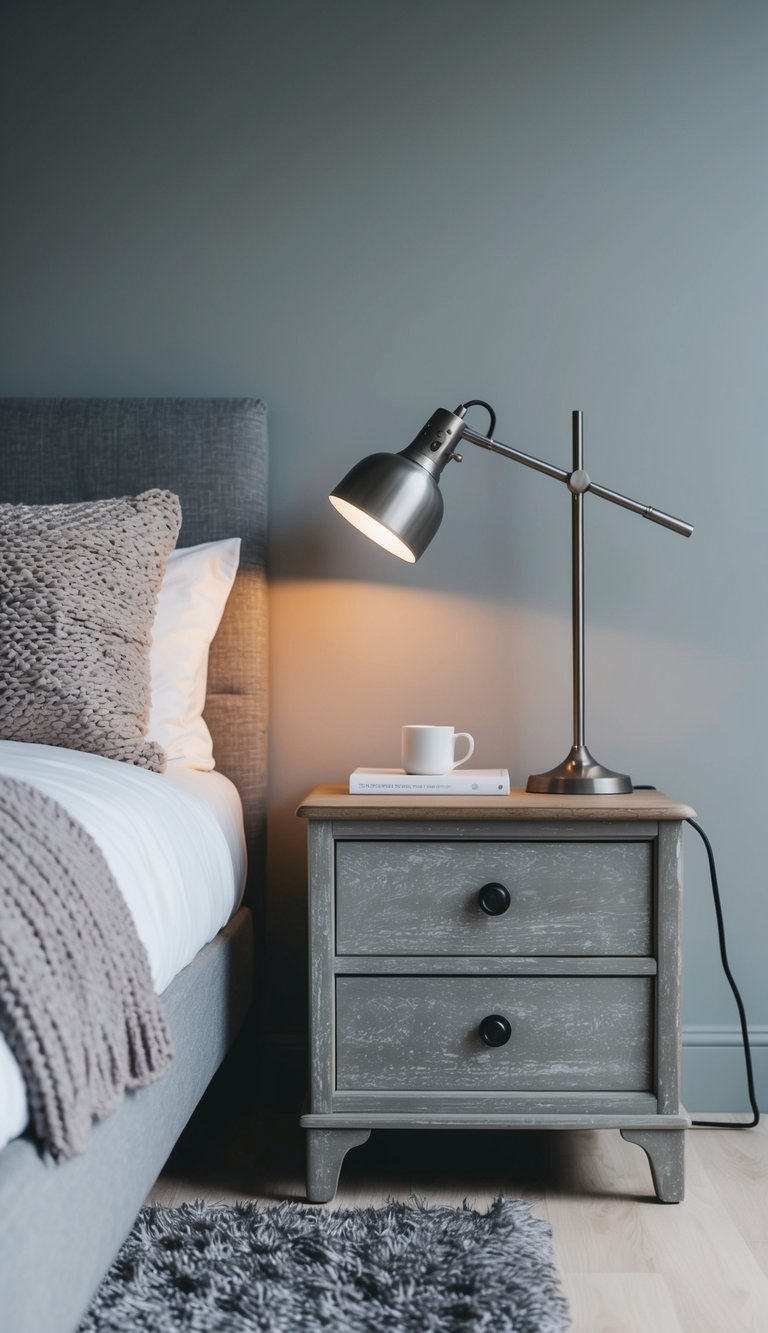 A cozy gray bedroom with a mix of textures - a plush rug, knitted throw pillows, and a sleek metal lamp on a weathered wood nightstand