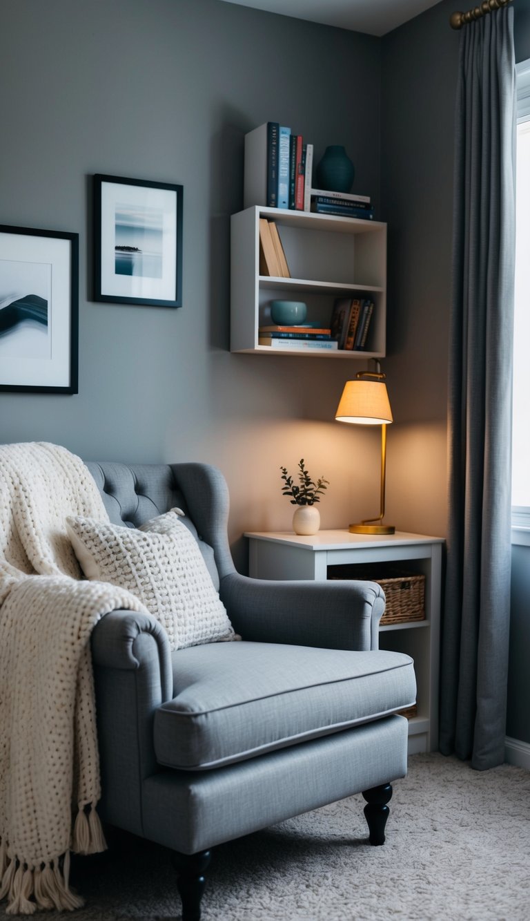 A cozy reading nook in a gray bedroom with a plush armchair, a small bookshelf, a soft throw blanket, and a warm reading lamp