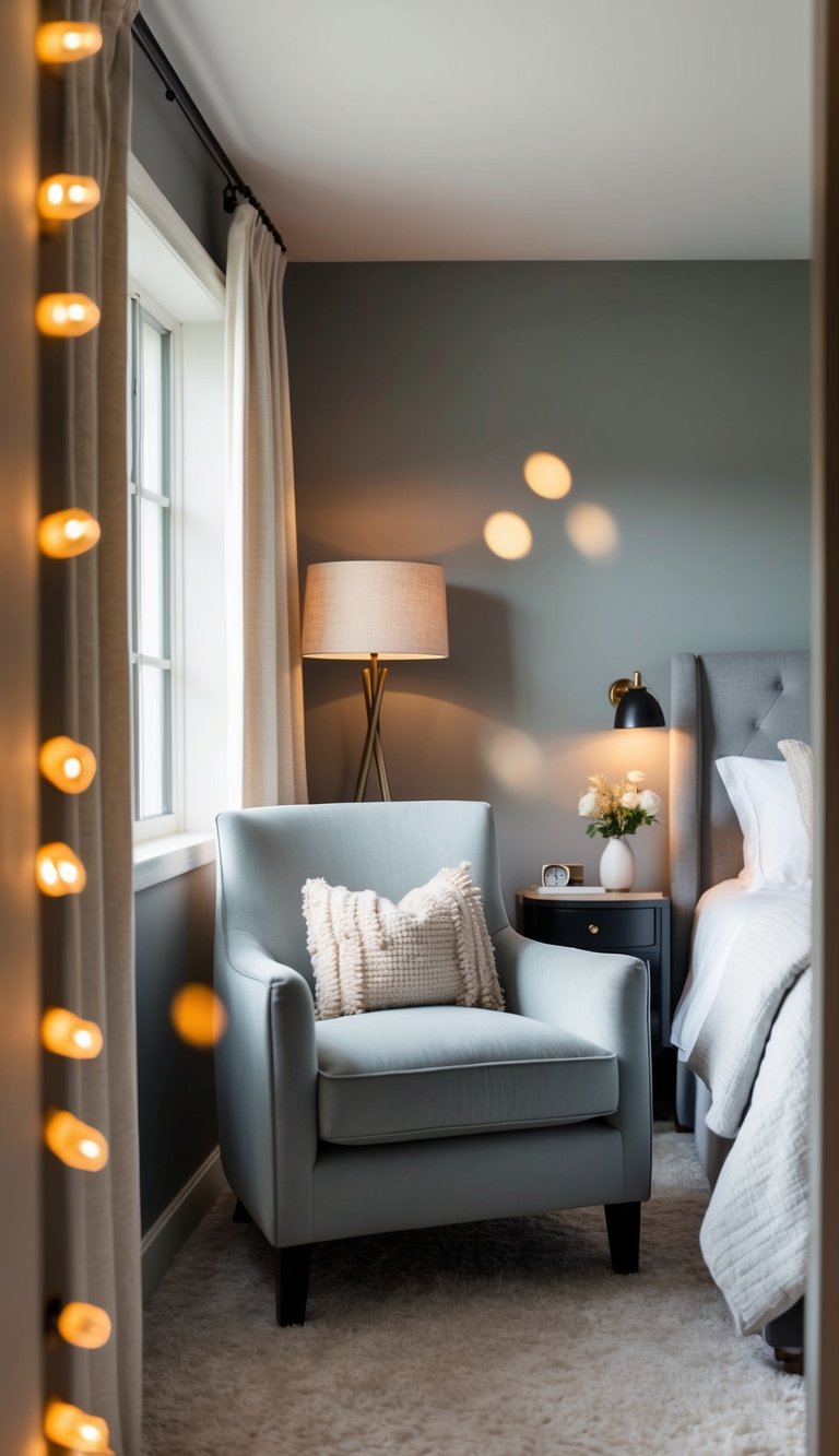 A cozy armchair sits in a serene gray bedroom, surrounded by soft textures and warm lighting