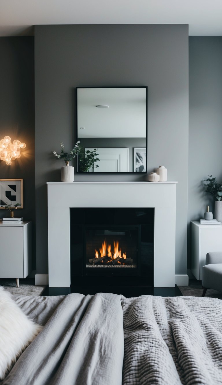 A cozy gray bedroom with a sleek fireplace as the focal point, surrounded by modern decor and soft, plush bedding