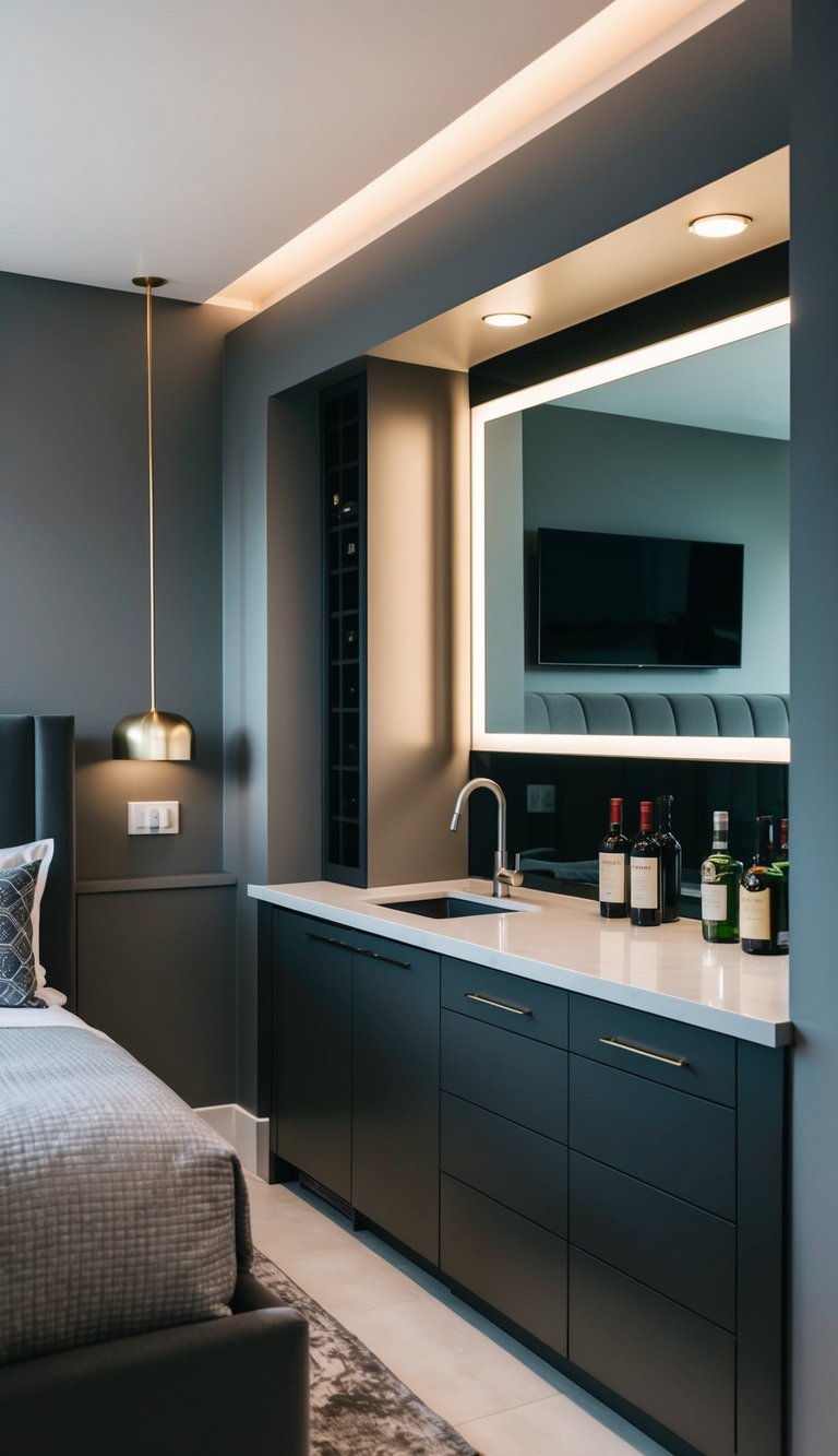 A sleek wet bar installed in a modern gray bedroom with stylish decor and ambient lighting