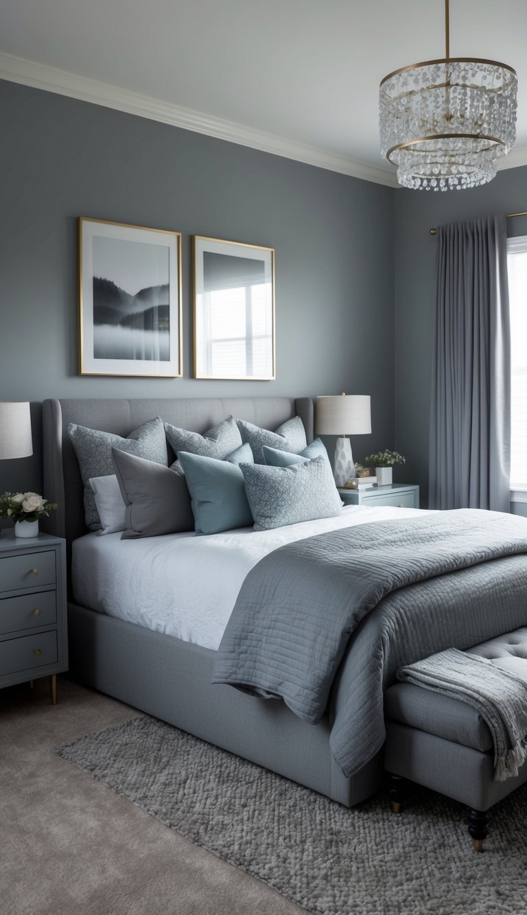 A cozy gray bedroom with a monochromatic scheme, featuring various shades of gray in the decor, furniture, and textiles