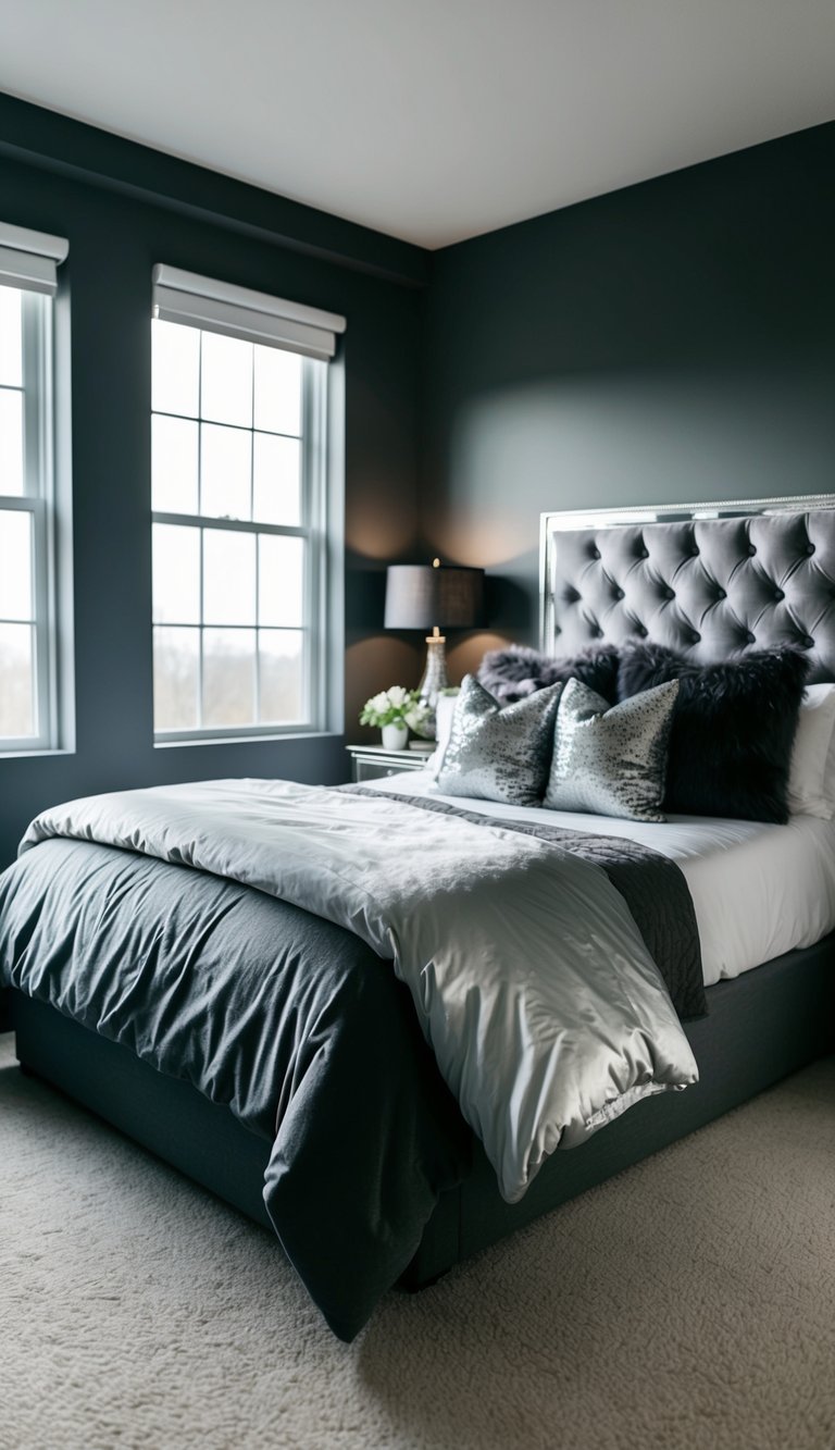 A cozy bedroom with dark gray walls, silver accents, and plush bedding. A large window lets in soft natural light, creating a moody yet inviting atmosphere