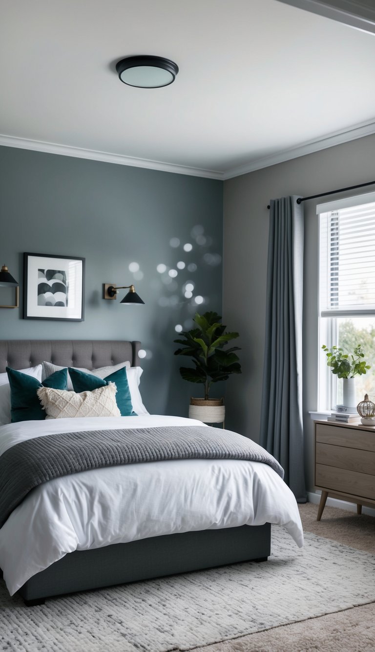 A cozy bedroom with various shades of gray in the decor, from the walls and bedding to the furniture and accessories