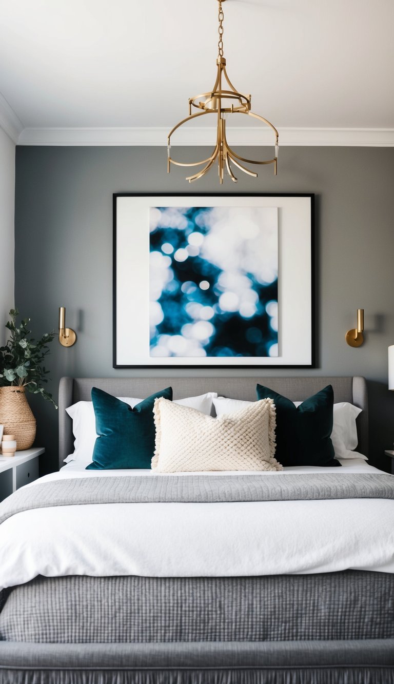 A cozy gray and white bedroom with a large artwork hanging on the wall