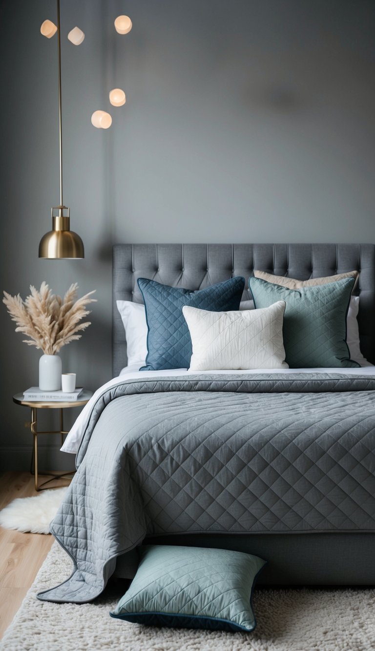 A cozy gray bedroom adorned with quilted pillows in various shades, arranged neatly on the bed and scattered on a plush rug