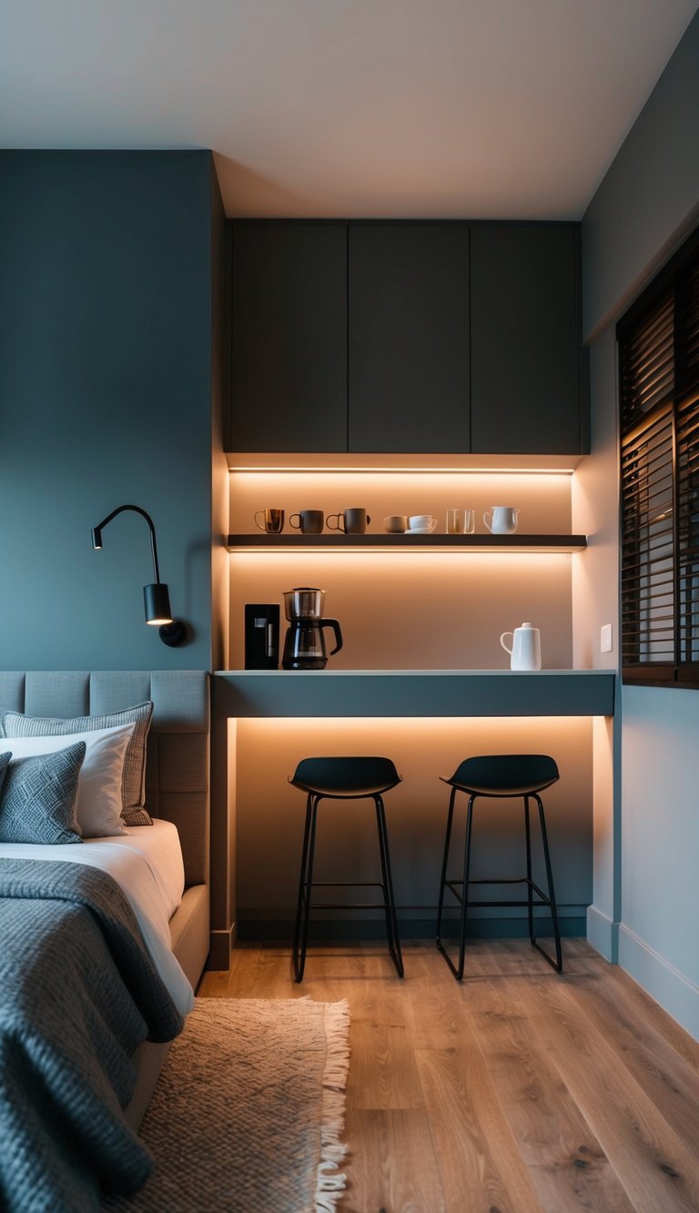 A cozy gray bedroom with a sleek coffee bar featuring modern design and warm lighting