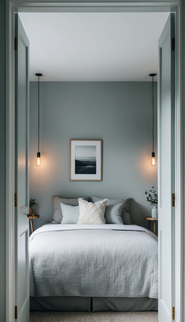 Soft, light gray walls surround a cozy bedroom with minimal decor and a tranquil ambiance