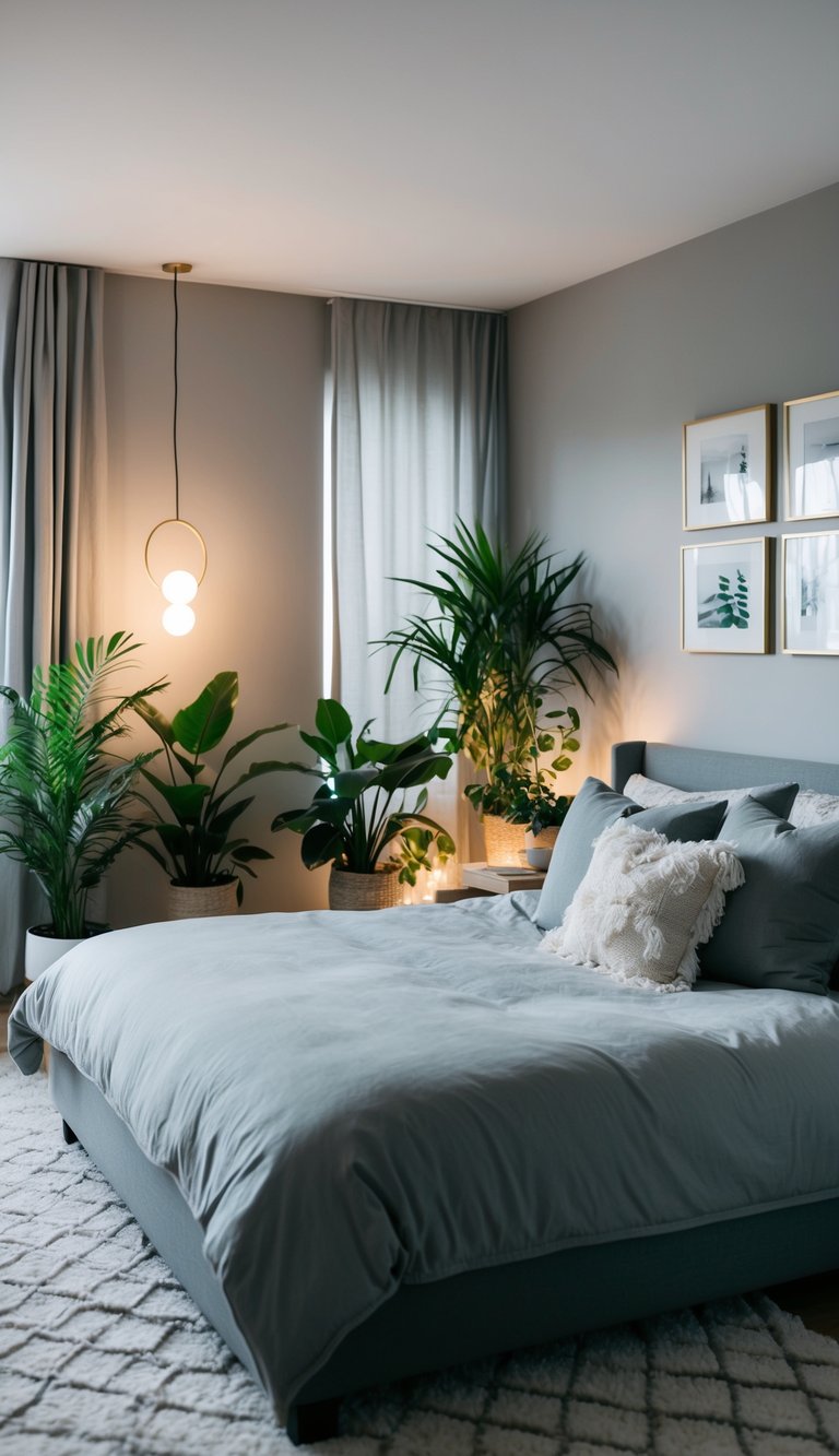 A cozy gray bedroom with a plush bed, soft lighting, and potted plants scattered throughout, creating a tranquil and inviting personal oasis