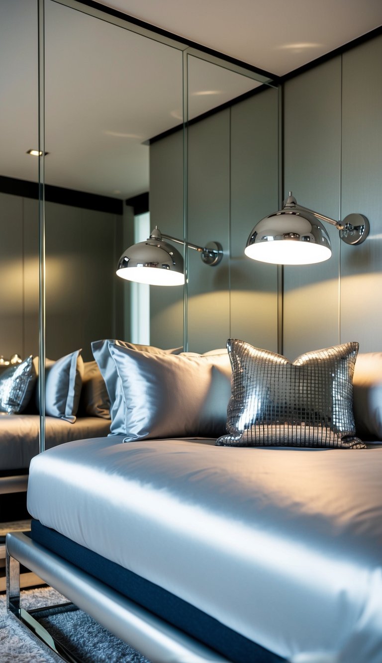 A sleek, modern bedroom with metallic accents in the form of a silver bed frame, chrome lamps, and a shimmering metallic throw pillow