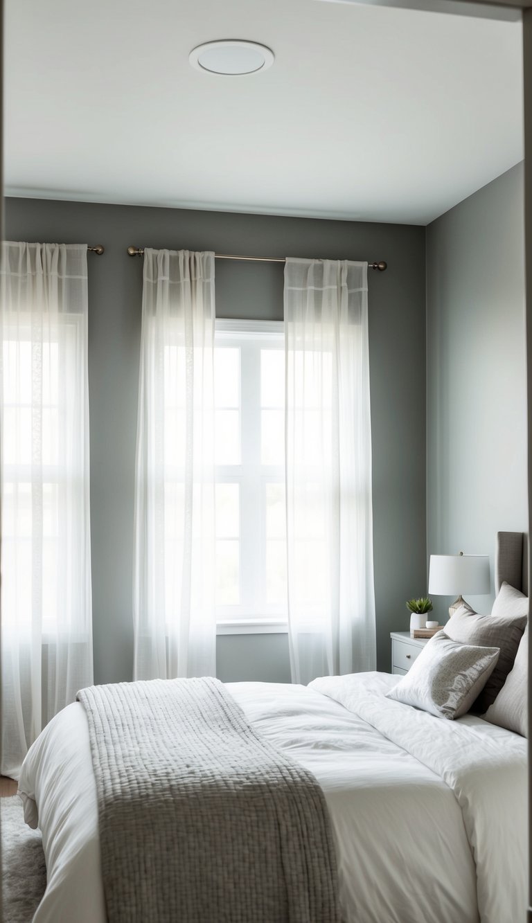 A serene bedroom with soft gray walls, cozy bedding, and natural light pouring in through sheer curtains. Subtle accents of white and silver add to the calming ambiance