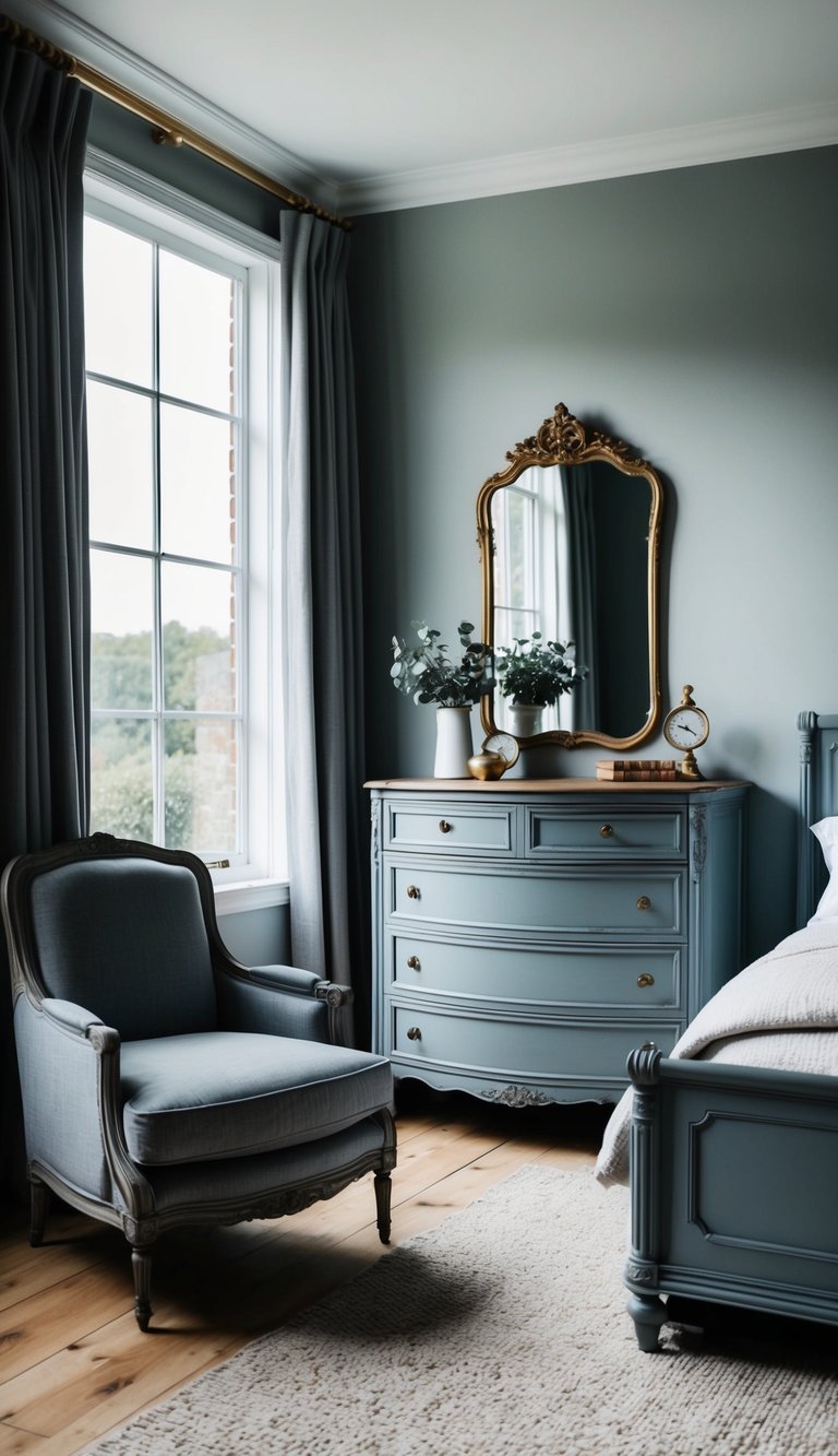 A cozy bedroom with vintage gray furniture, including a distressed dresser, ornate mirror, and plush armchair by a large window