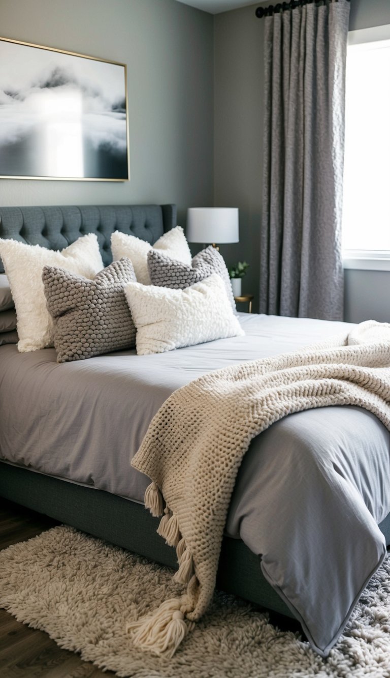 A cozy gray bedroom with plush pillows, a soft shag rug, and textured curtains. A knit throw blanket drapes over the bed, adding warmth