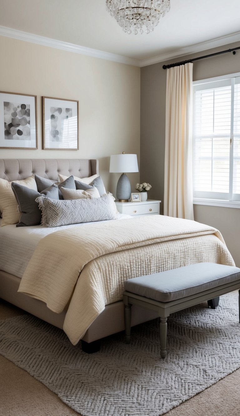 A cozy bedroom with soft cream and beige accents, featuring 22 shades of gray in the decor and furnishings