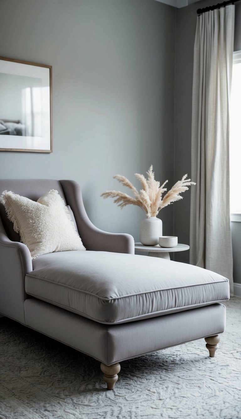 A plush chaise lounge sits in a serene gray bedroom, surrounded by soft, cozy textures and minimalistic decor