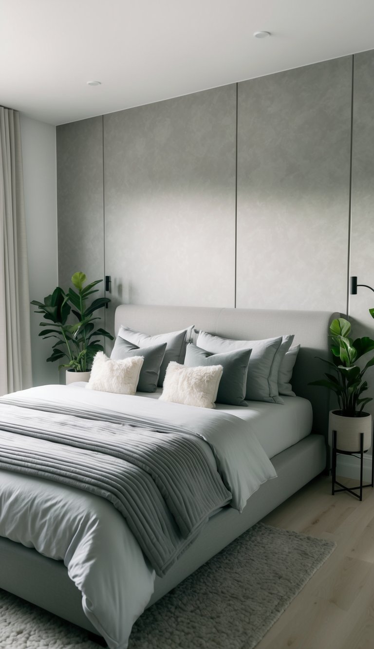 A serene gray bedroom with plush bedding, soft lighting, and calming decor. A large, inviting bed sits against a textured accent wall, surrounded by minimalist furniture and potted plants