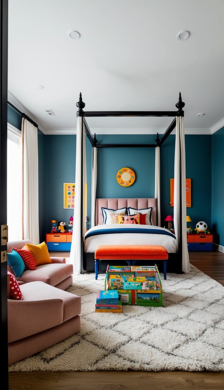 A spacious, modern kids bedroom with a canopy bed, plush seating, and a play area with colorful toys and books