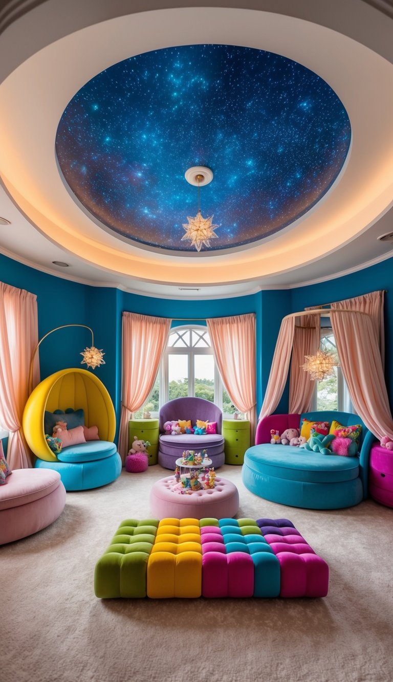 A whimsical wonderland-themed luxury kids bedroom with colorful, oversized furniture, fairy lights, and a ceiling painted to resemble a starry night sky