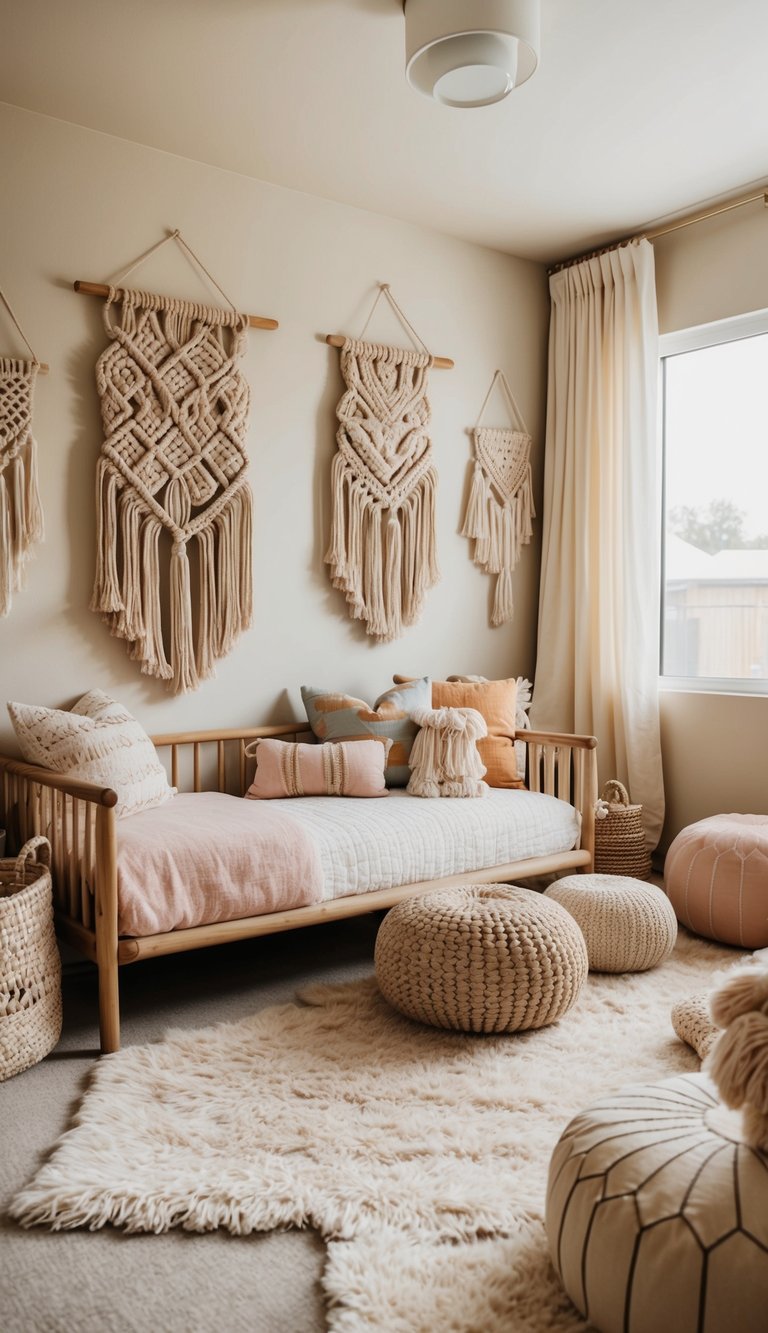 A cozy, bohemian-inspired kids bedroom with plush rugs, macrame wall hangings, and natural wood furniture. Soft, pastel colors and plenty of pillows create a chic, relaxed atmosphere